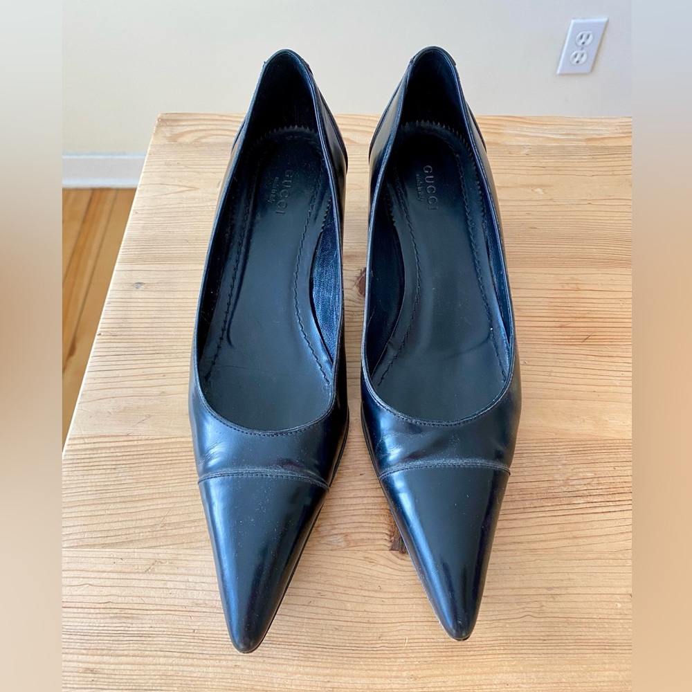 Gucci Black Leather Pointed Kitten Heels